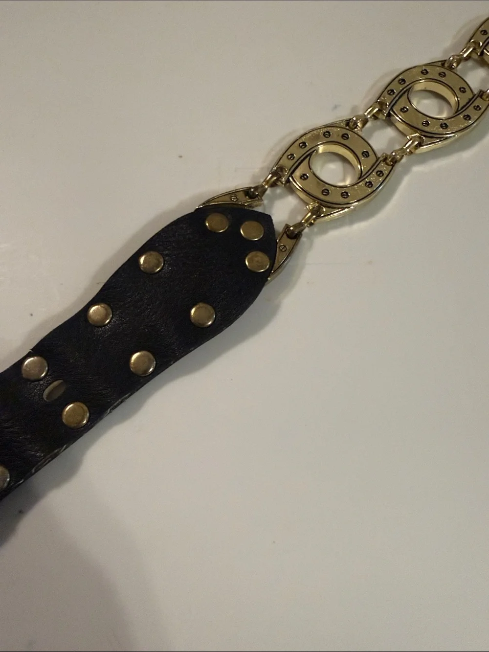 Black Leather Concho Belt Size 40 Gold Tone Studded Western Boho 44”